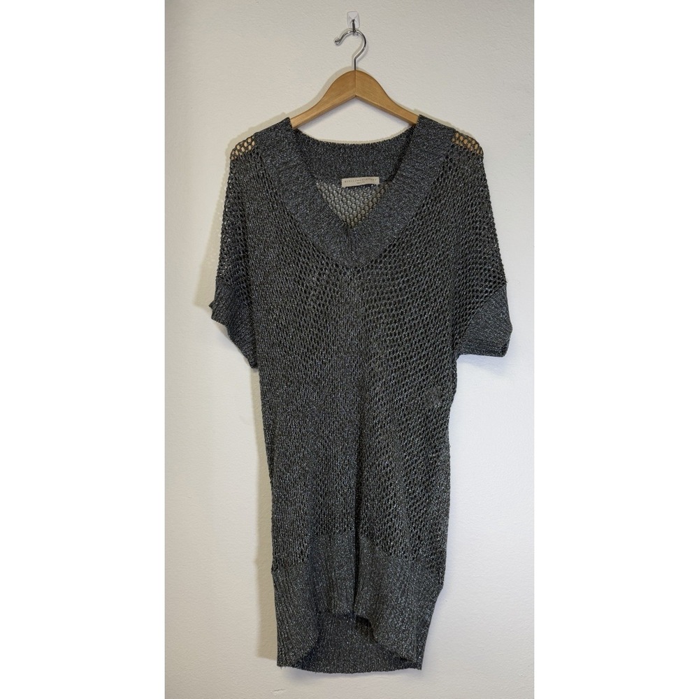 Stella McCartney Metallic Silver‎ Open Knit V-Neck Tunic Sweater Dress Italy 42